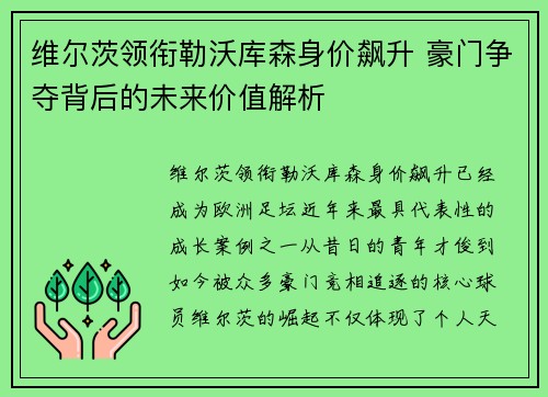 维尔茨领衔勒沃库森身价飙升 豪门争夺背后的未来价值解析